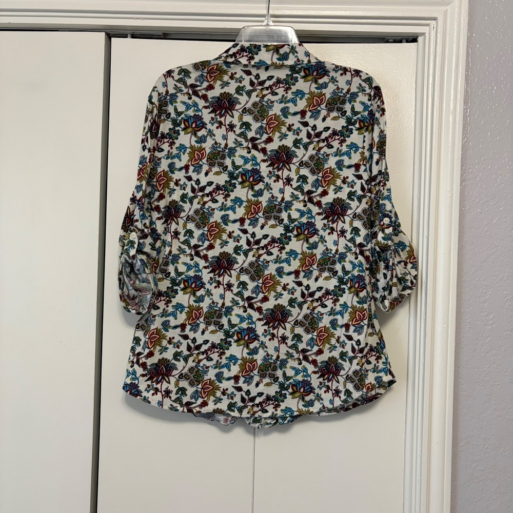 Eden & Olivia Womens XL Floral Roll Tab Sleeve Button Up Blouse Multicolor White